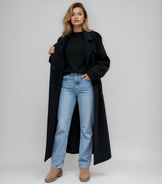 Lange Zwarte Damesjas van Wolmix – Double Breasted