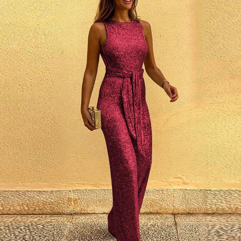 Dames Glitter Jumpsuit met Tailleband en Open Rug-ivy