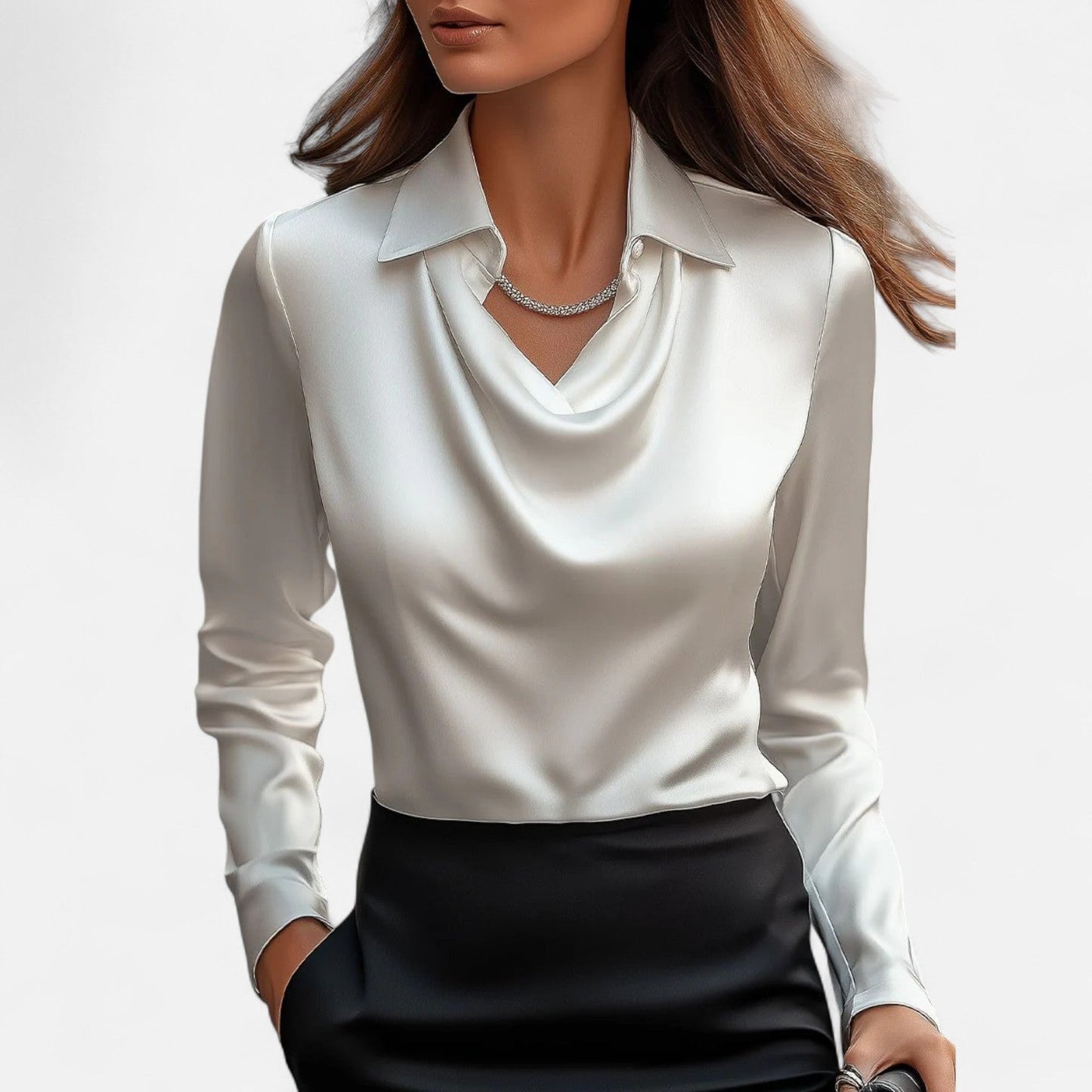 Satijnen damesblouse met elegante drapé halslijn