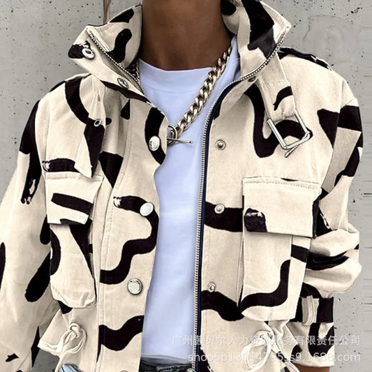 zomerbomberjack cropped voor dames, met knopen, zakken en opstaande kraag – Bia