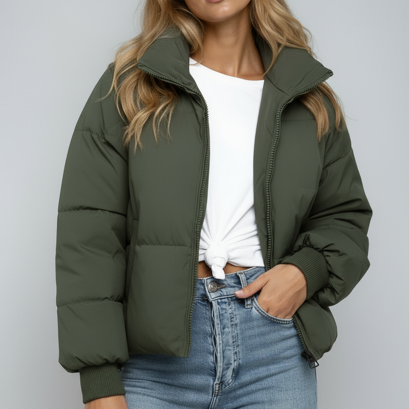Comfortabele Dames Puffer Jas – Hoge Kraag met Rits