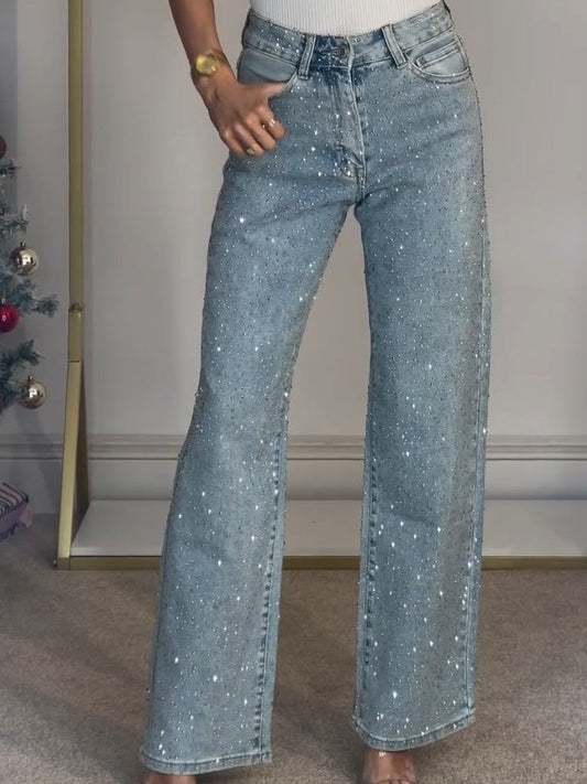 Hoge Taille Crystal Straight Jeans – Trendy & Comfortabel