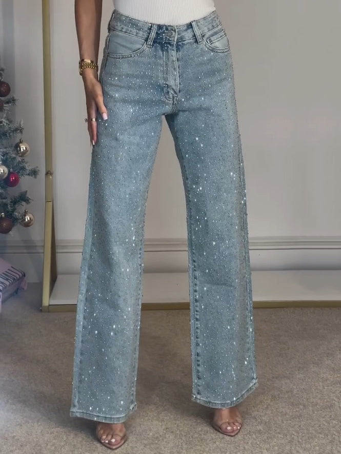Hoge Taille Crystal Straight Jeans – Trendy & Comfortabel
