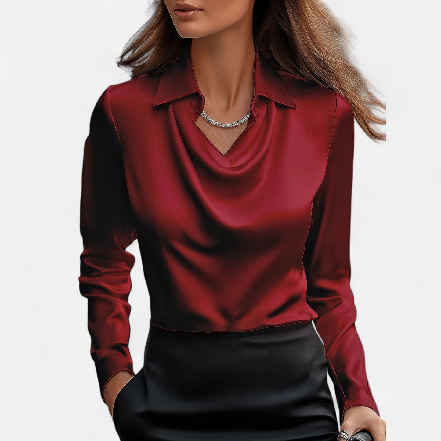 Satijnen damesblouse met elegante drapé halslijn