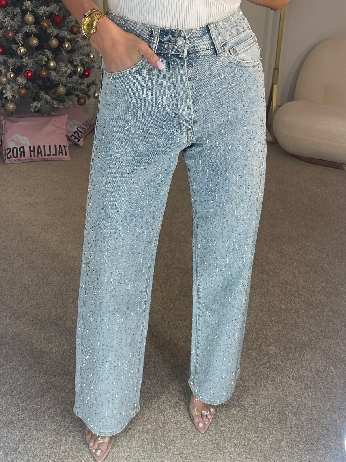 Hoge Taille Crystal Straight Jeans – Trendy & Comfortabel