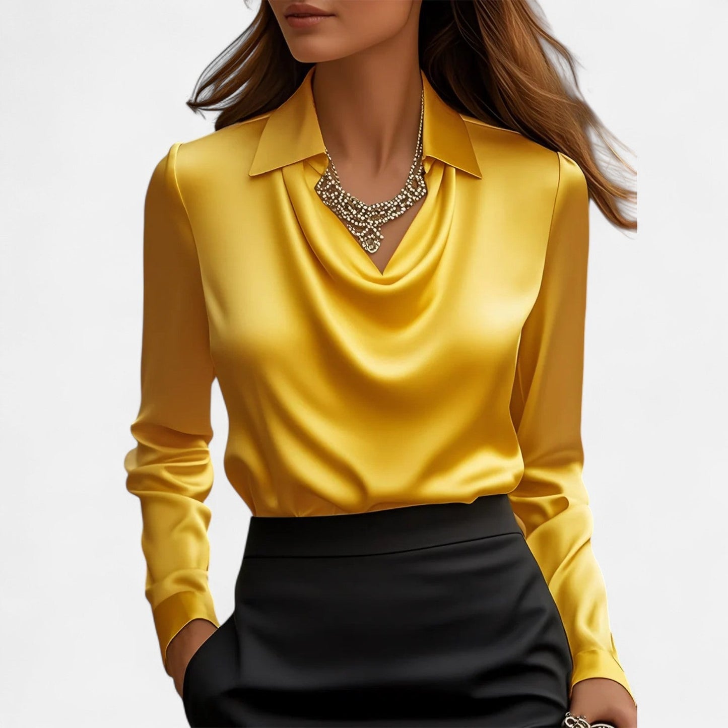 Satijnen damesblouse met elegante drapé halslijn