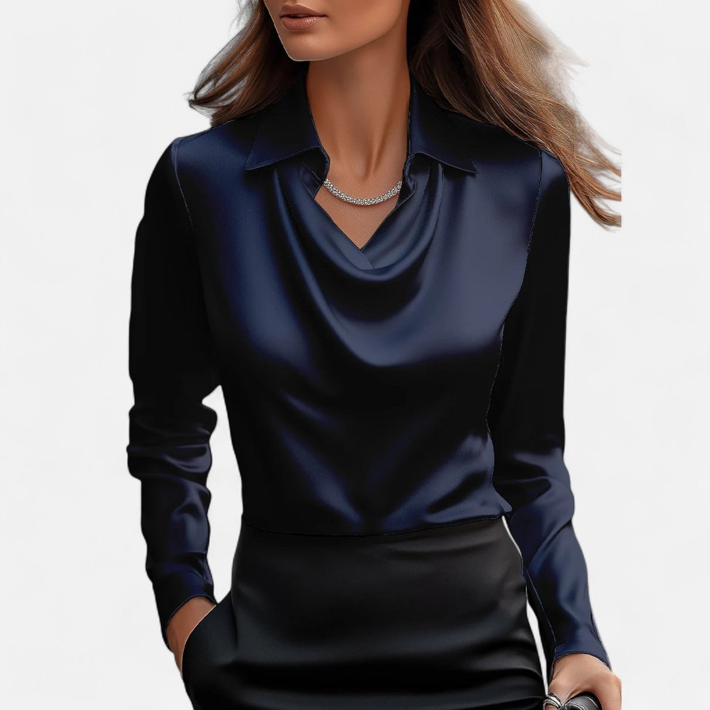 Satijnen damesblouse met elegante drapé halslijn