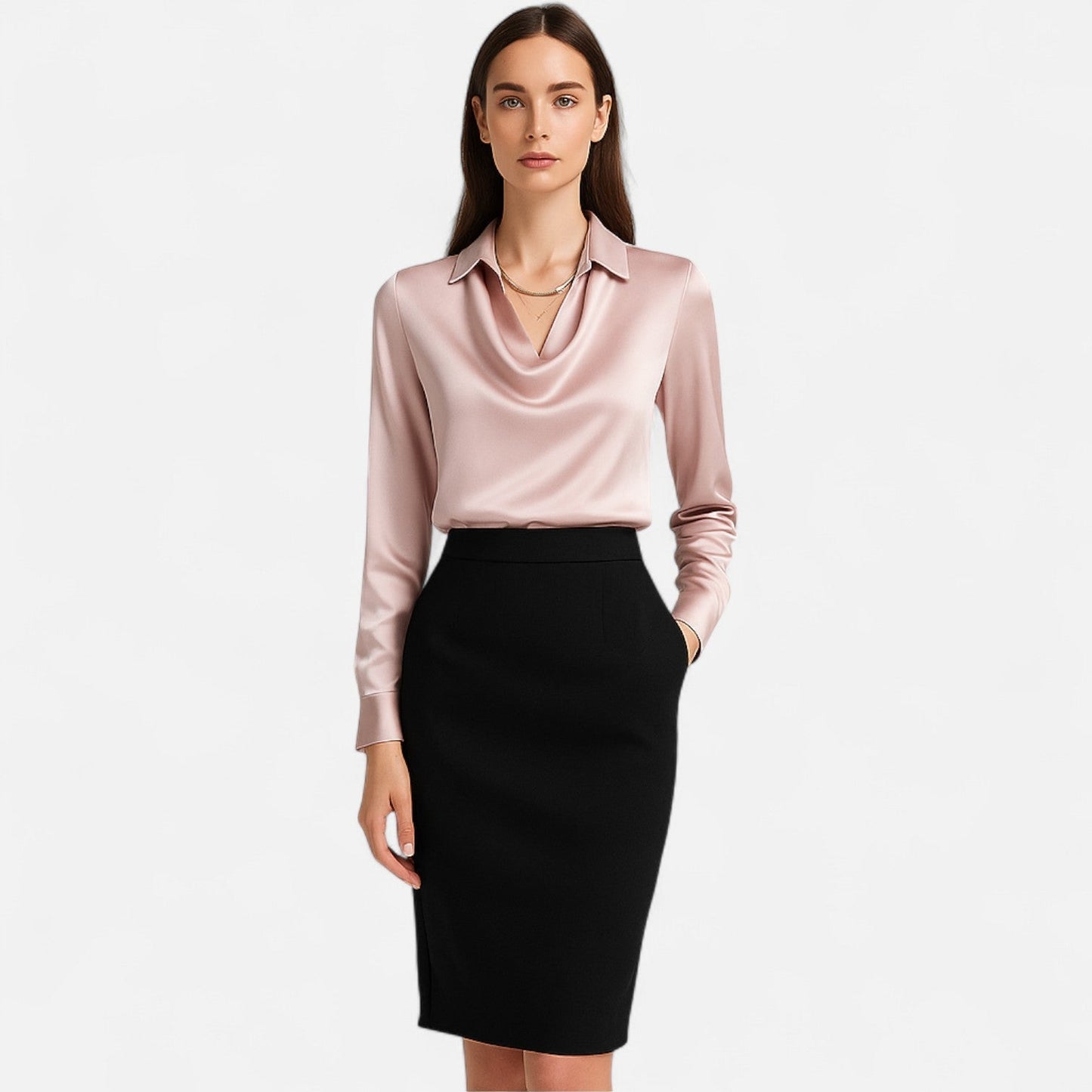 Satijnen damesblouse met elegante drapé halslijn