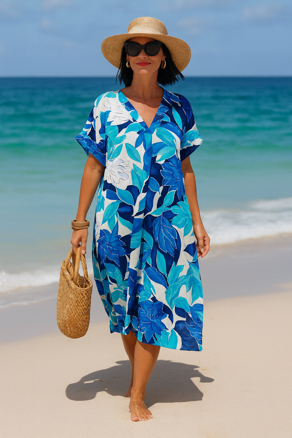 Zomer Midi Jurk – Dames, V-Hals & Comfortabele Pasvorm met Print