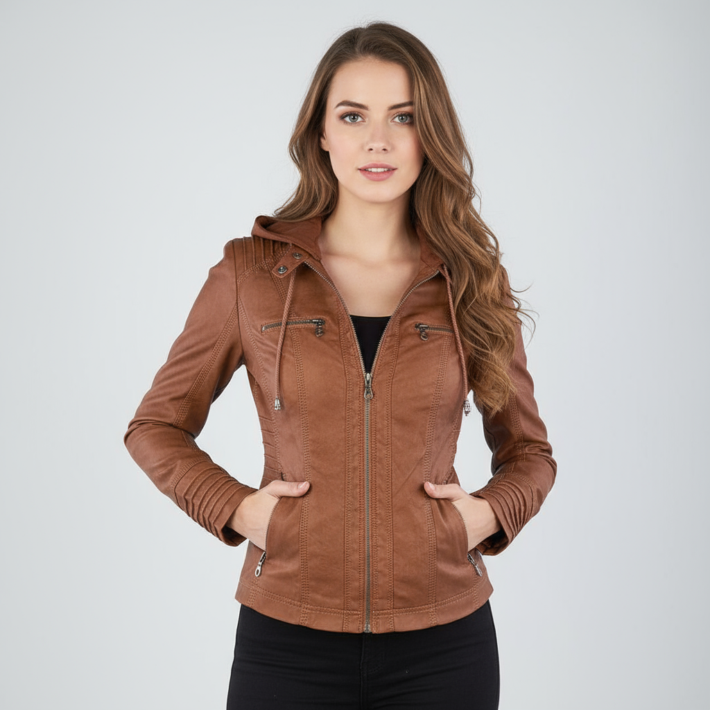 Damesjas van kunstleer met capuchon en rits