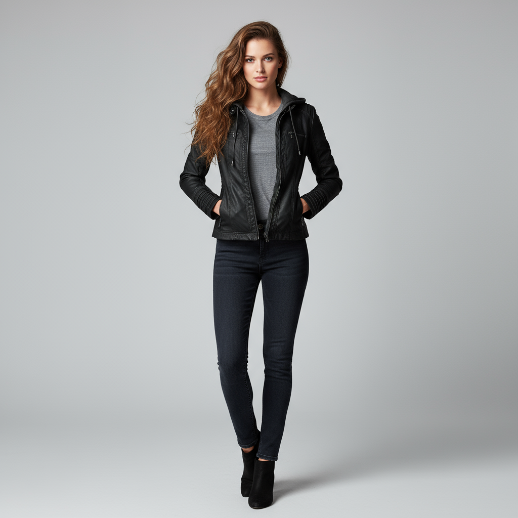 Damesjas van kunstleer met capuchon en rits