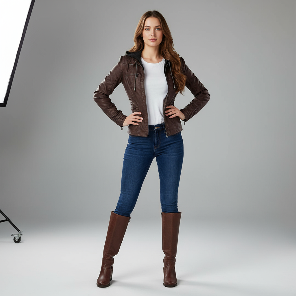 Damesjas van kunstleer met capuchon en rits