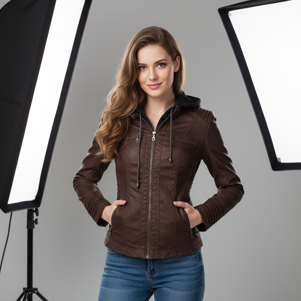 Damesjas van kunstleer met capuchon en rits