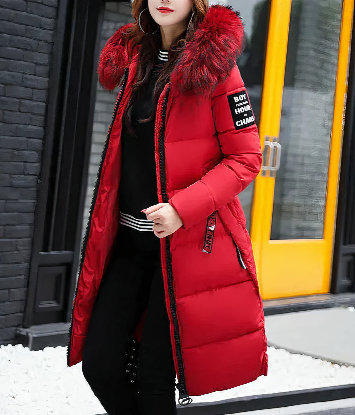 Warme lange winterjas met bontkraag