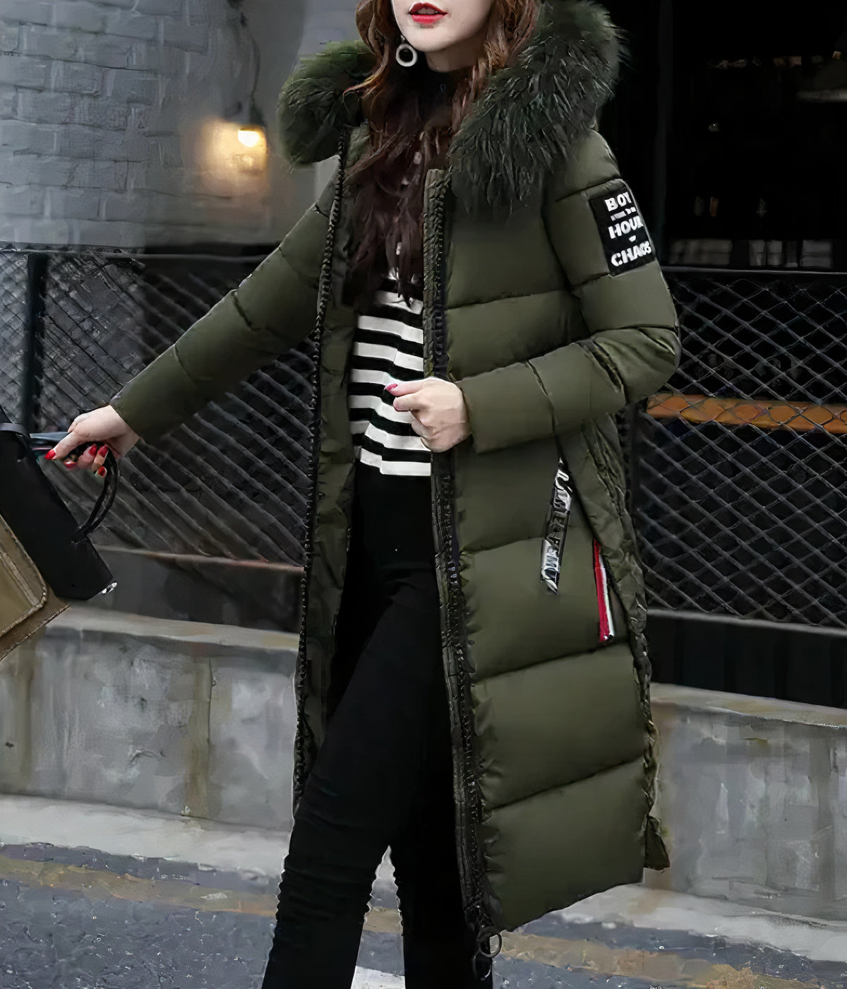 Warme lange winterjas met bontkraag