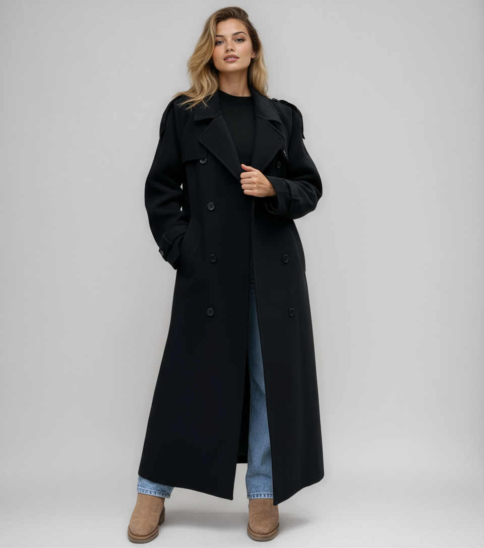 Lange Zwarte Damesjas van Wolmix – Double Breasted