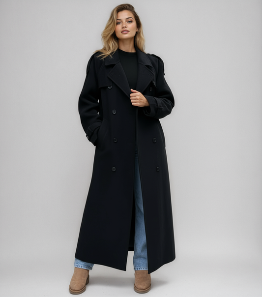 Lange Zwarte Damesjas van Wolmix – Double Breasted