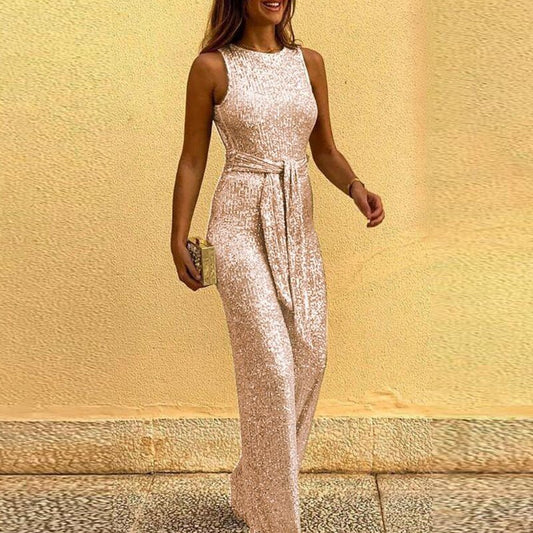 Dames Glitter Jumpsuit met Tailleband en Open Rug-ivy