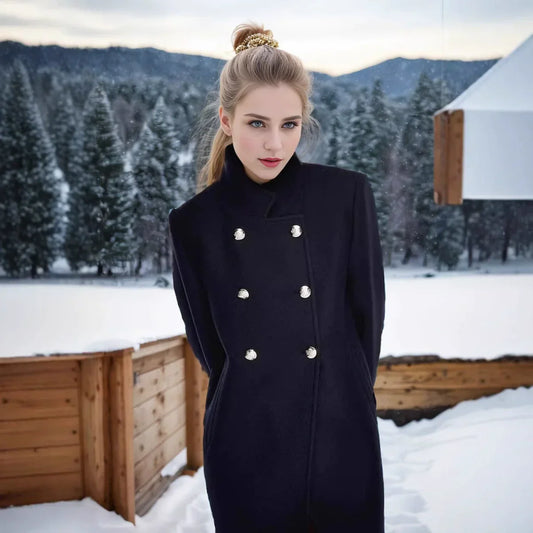 Stijlvolle Wolmix Jas voor Dames – Hoge Kraag Design met dubbele knopen