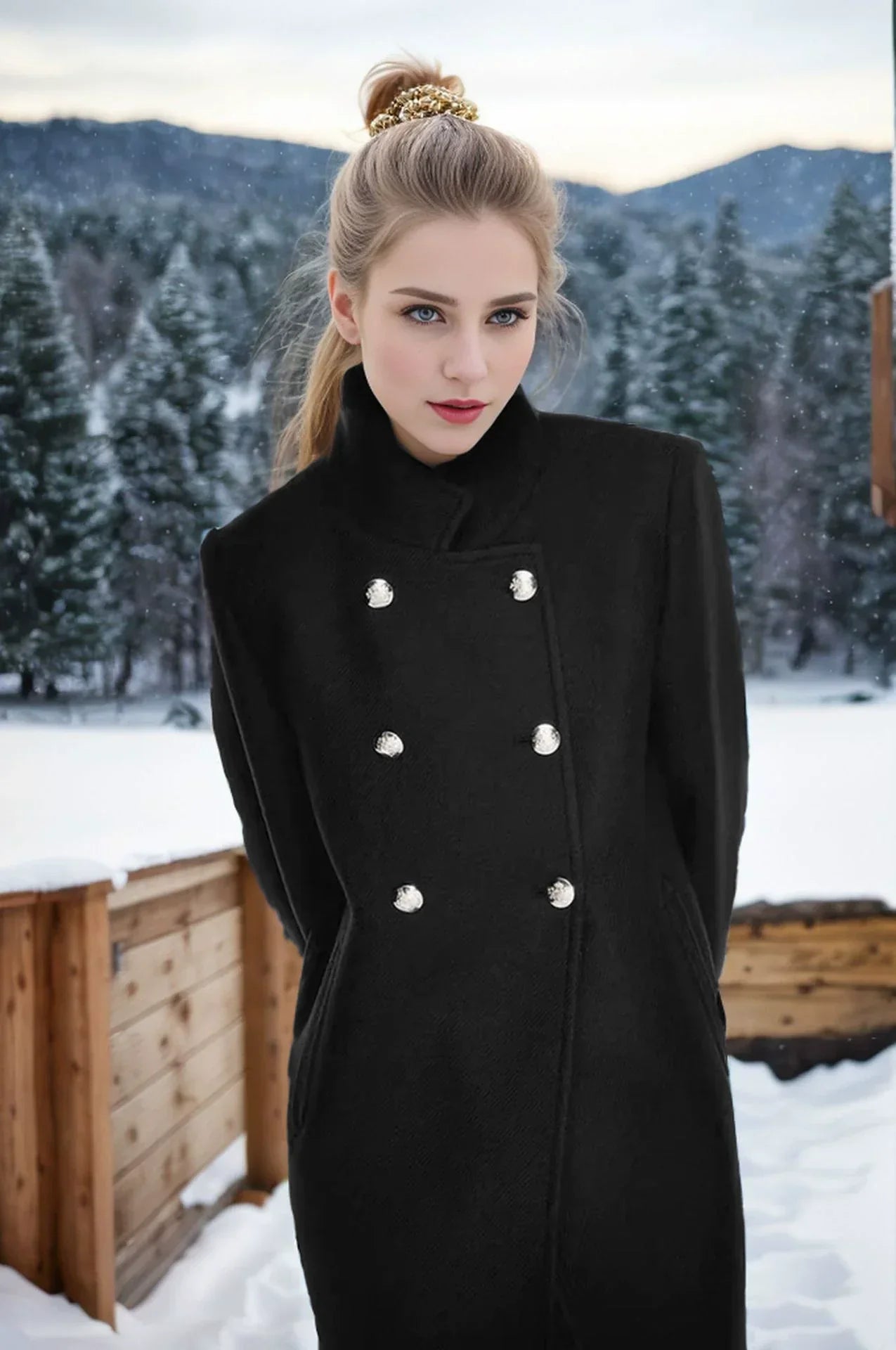 Stijlvolle Wolmix Jas voor Dames – Hoge Kraag Design met dubbele knopen