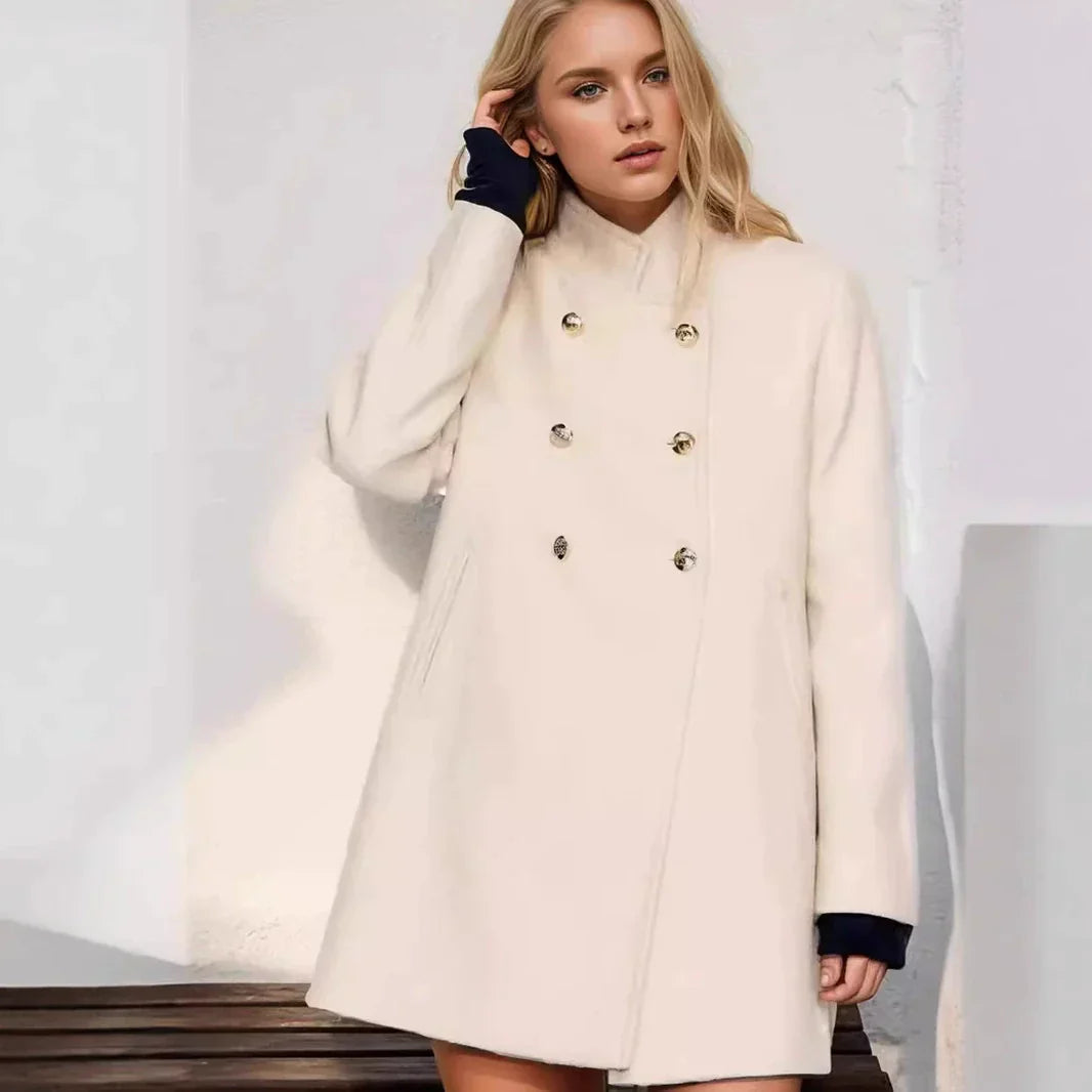 Stijlvolle Wolmix Jas voor Dames – Hoge Kraag Design met dubbele knopen